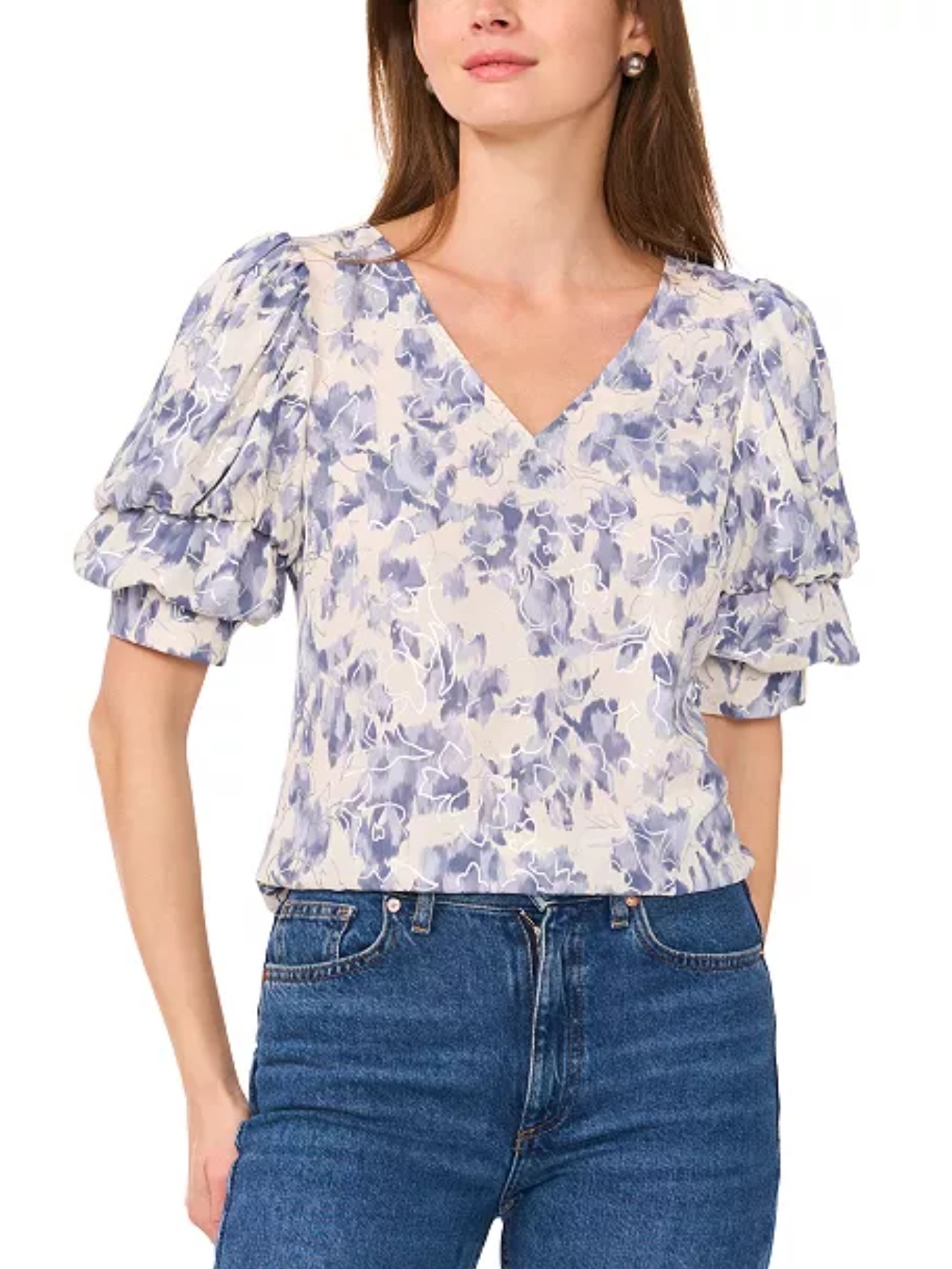 Sam And Jess Vneck Floral Puff Sleeve Blouse In Blue And Cream Large